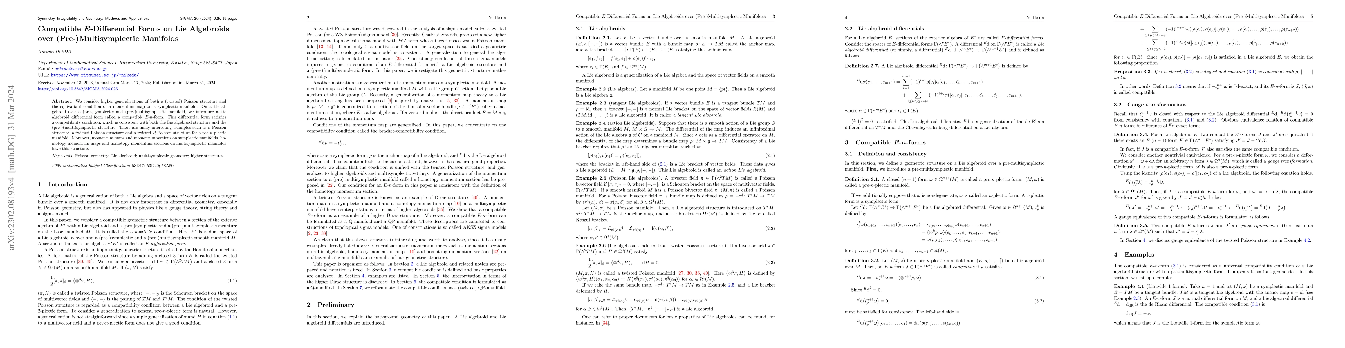Thumbnail for Compatible $E$-Differential Forms on Lie Algebroids over
  (Pre-)Multisymplectic Manifolds