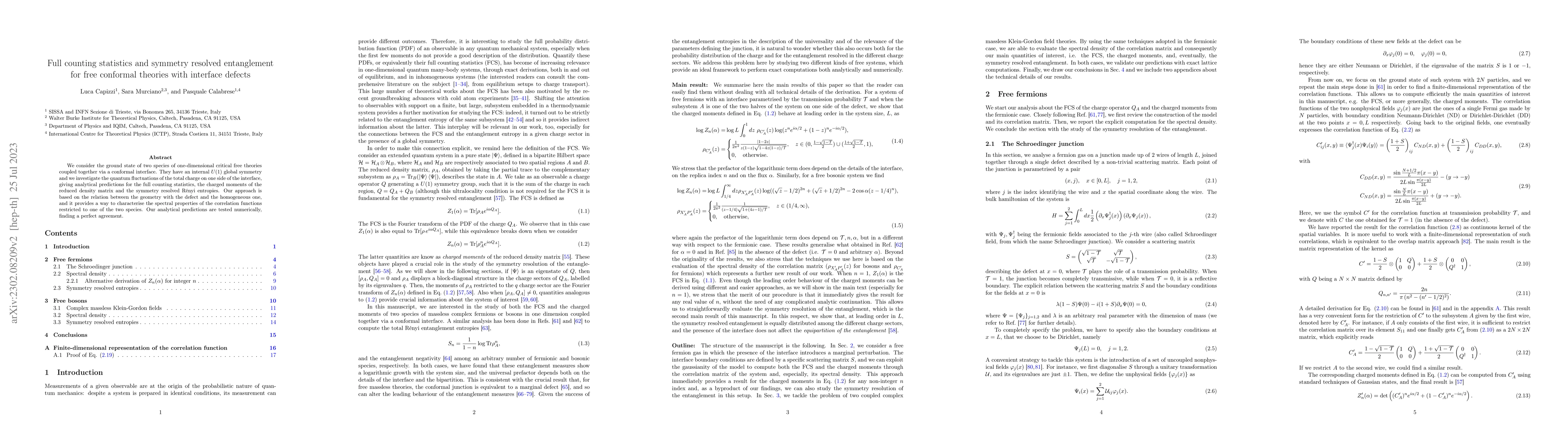 Thumbnail for Full counting statistics and symmetry resolved entanglement for free
  conformal theories with interface defects