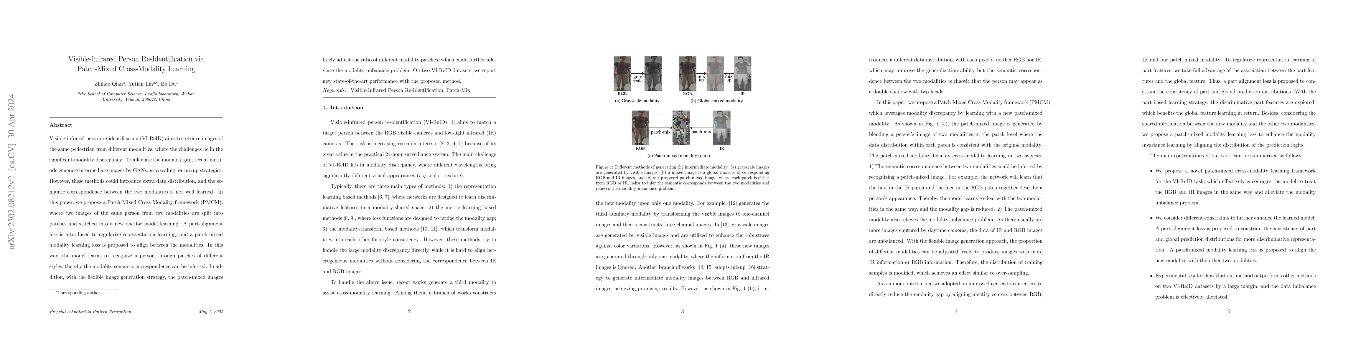 Thumbnail for Visible-Infrared Person Re-Identification via Patch-Mixed Cross-Modality
  Learning