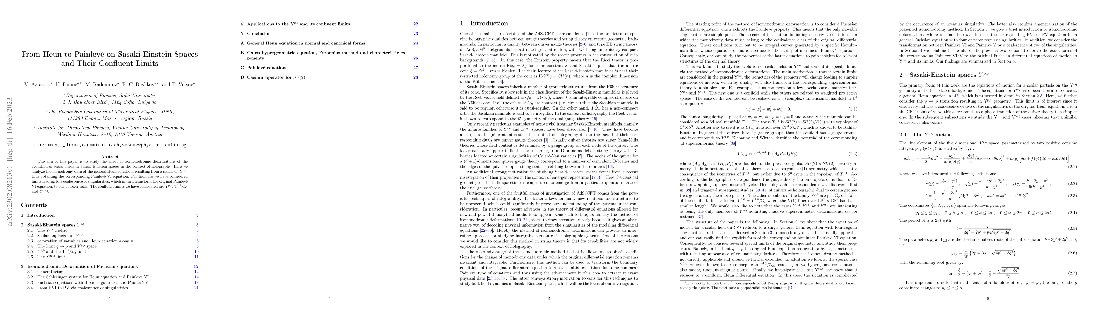 Thumbnail for From Heun to Painlev\'e on Sasaki-Einstein Spaces and Their Confluent
  Limits