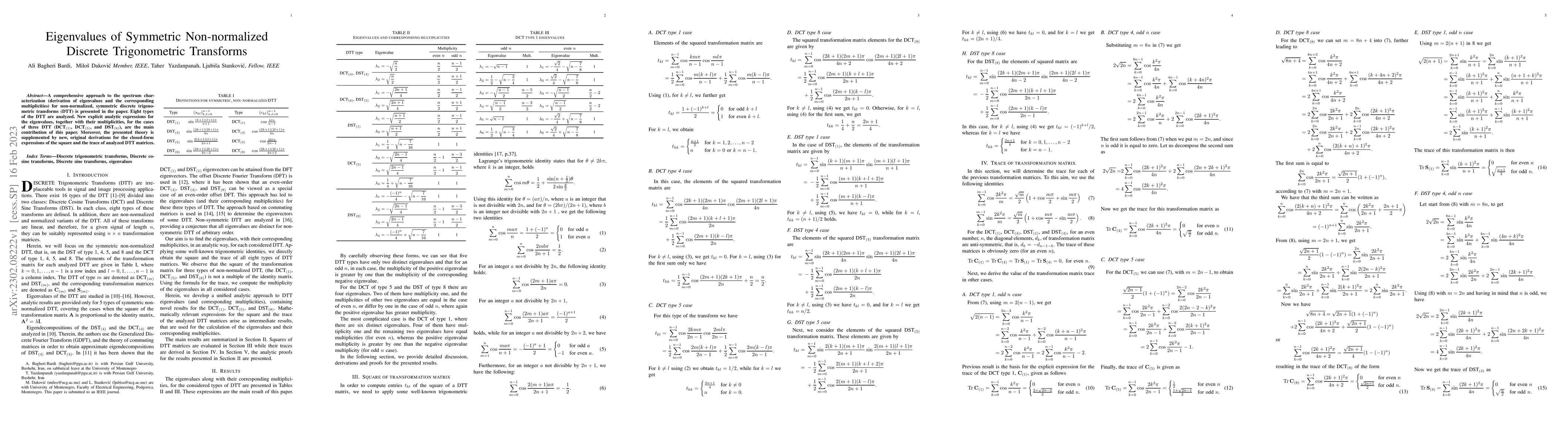 Thumbnail for Eigenvalues of Symmetric Non-normalized Discrete Trigonometric
  Transforms