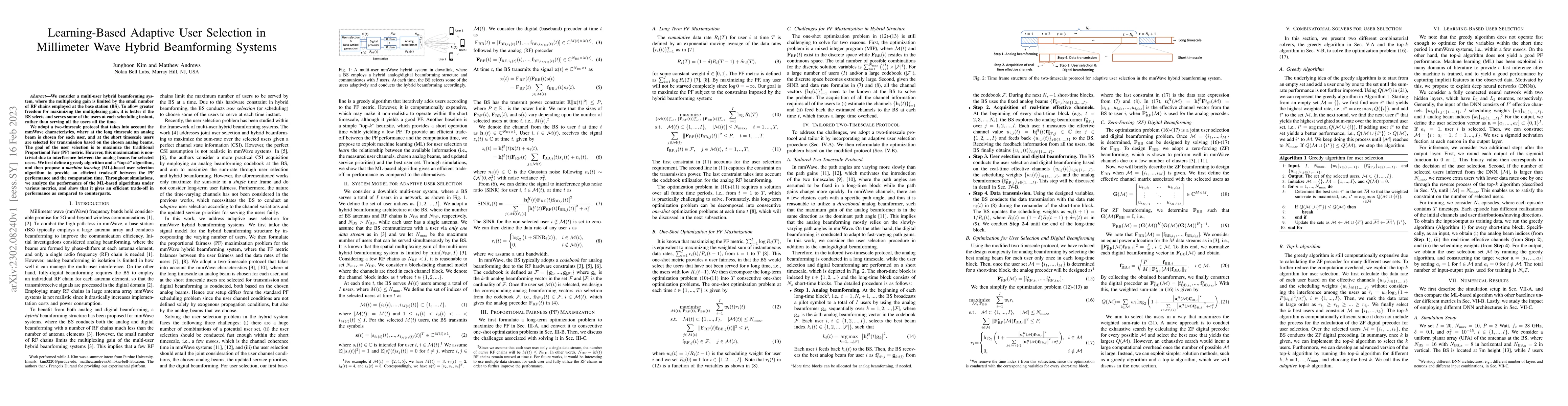 Thumbnail for Learning-Based Adaptive User Selection in Millimeter Wave Hybrid
  Beamforming Systems