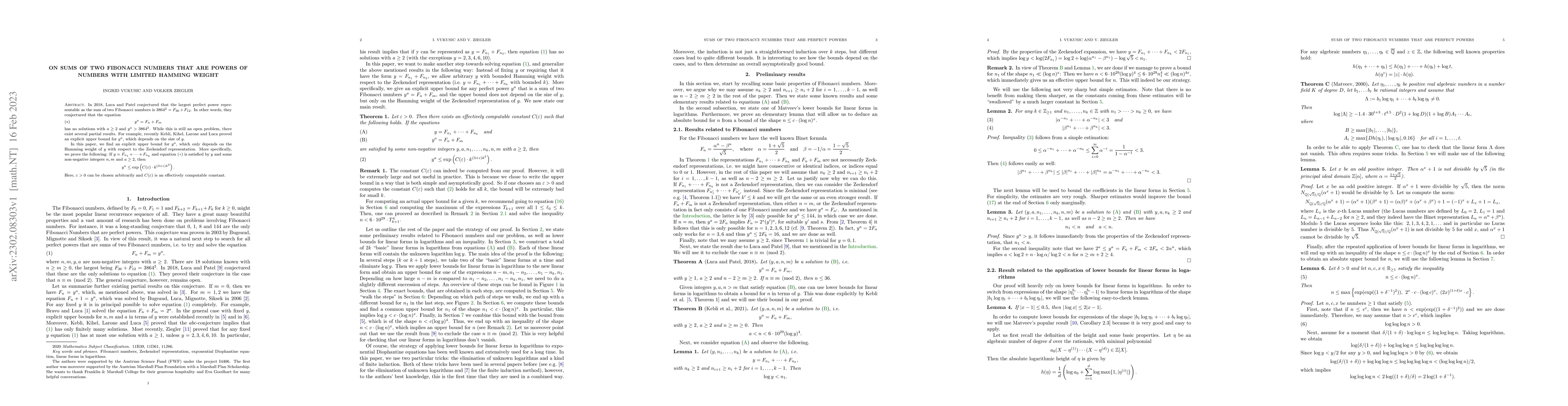 Thumbnail for On sums of two Fibonacci numbers that are powers of numbers with limited
  Hamming weight