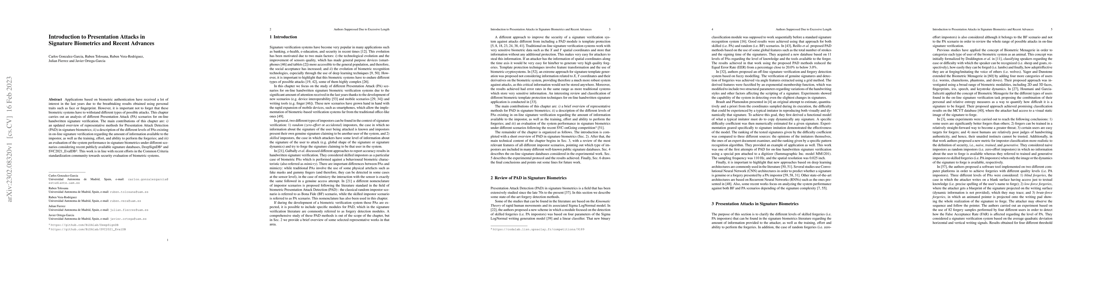 Thumbnail for Introduction to Presentation Attacks in Signature Biometrics and Recent
  Advances