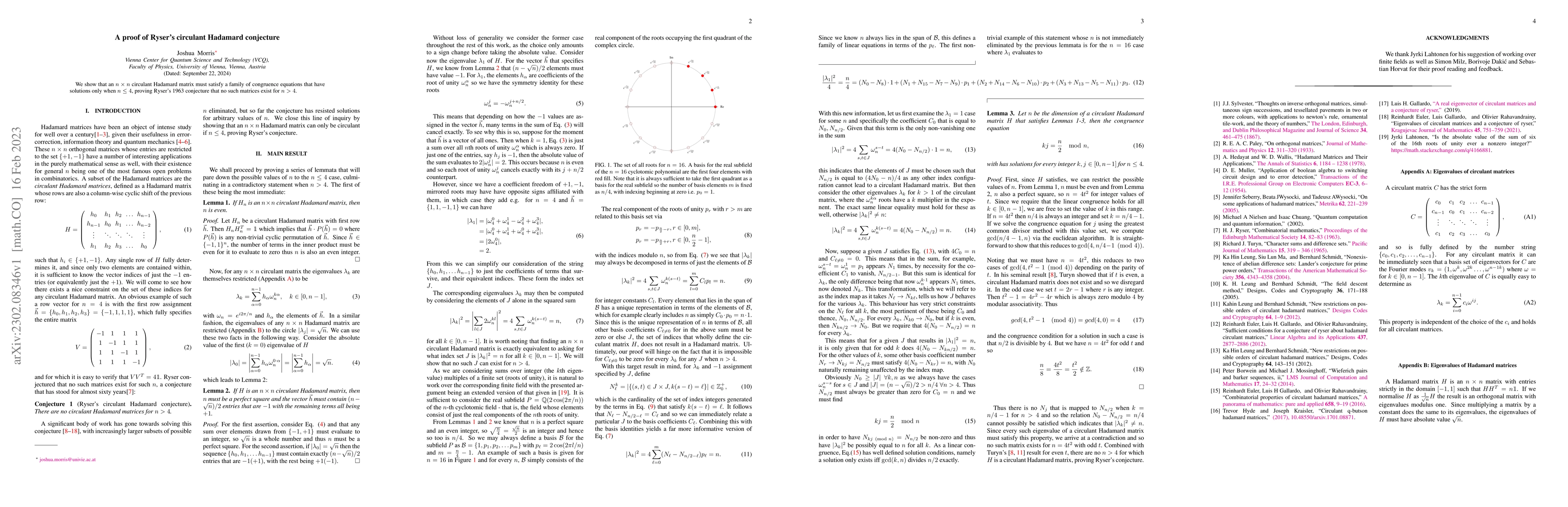 Thumbnail for A proof of Ryser's circulant Hadamard conjecture