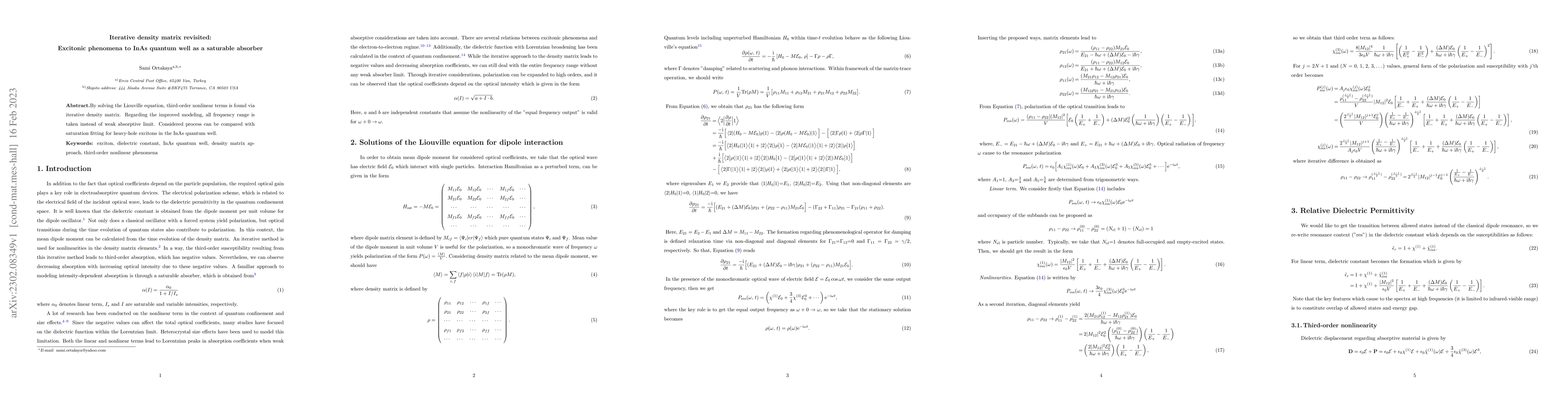 Thumbnail for Iterative density matrix revisited: Excitonic phenomena to InAs quantum
  well as a saturable absorber