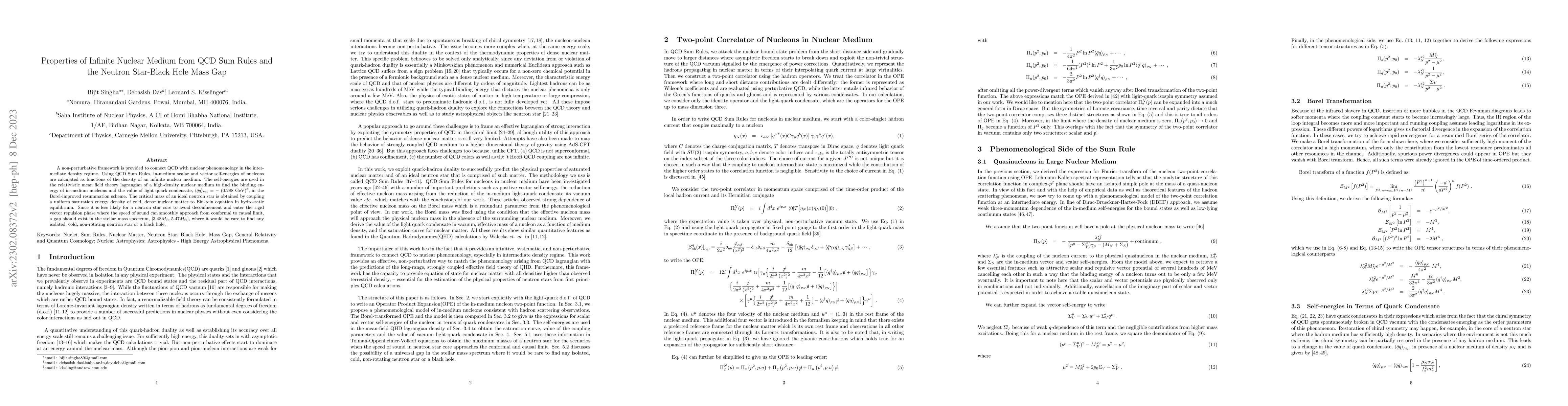 Thumbnail for Properties of Infinite Nuclear Medium from QCD Sum Rules and the Neutron
  Star-Black Hole Mass Gap