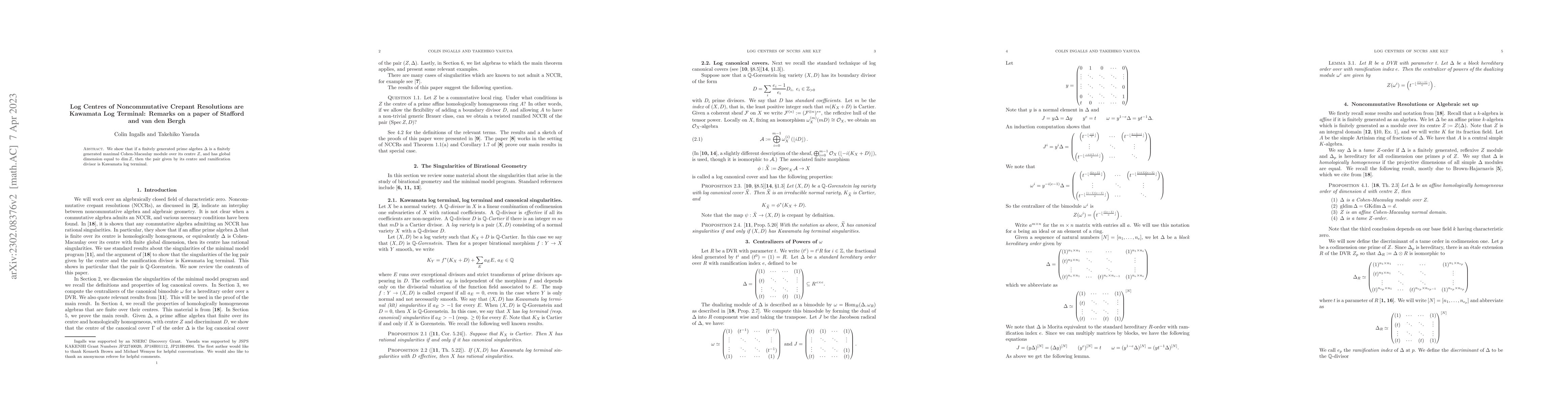 Thumbnail for Log Centres of Noncommutative Crepant Resolutions are Kawamata Log
  Terminal: Remarks on a paper of Stafford and van den Bergh