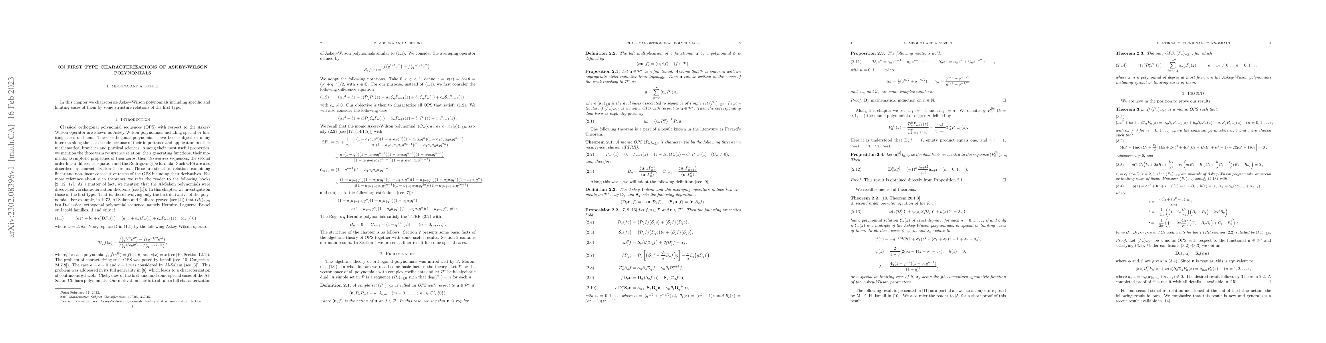 Thumbnail for On First type characterizations of Askey-Wilson polynomials