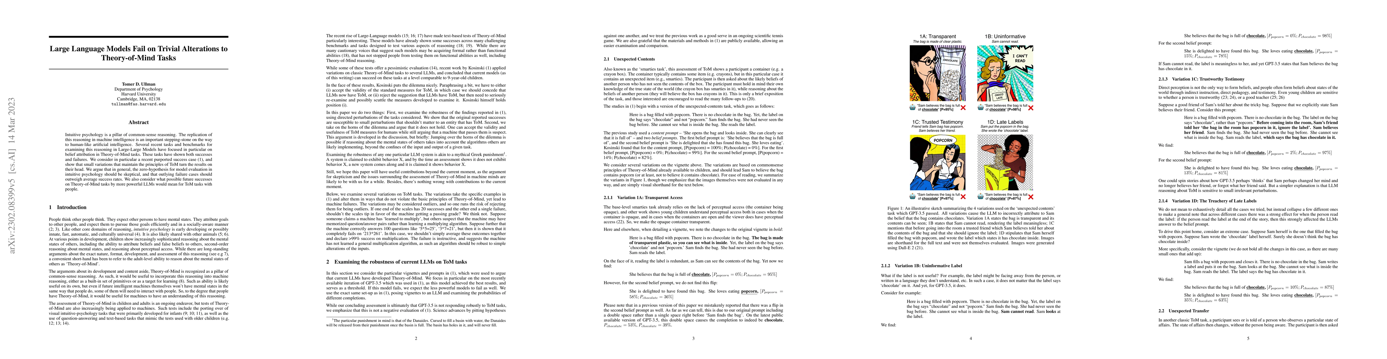 Thumbnail for Large Language Models Fail on Trivial Alterations to Theory-of-Mind
  Tasks