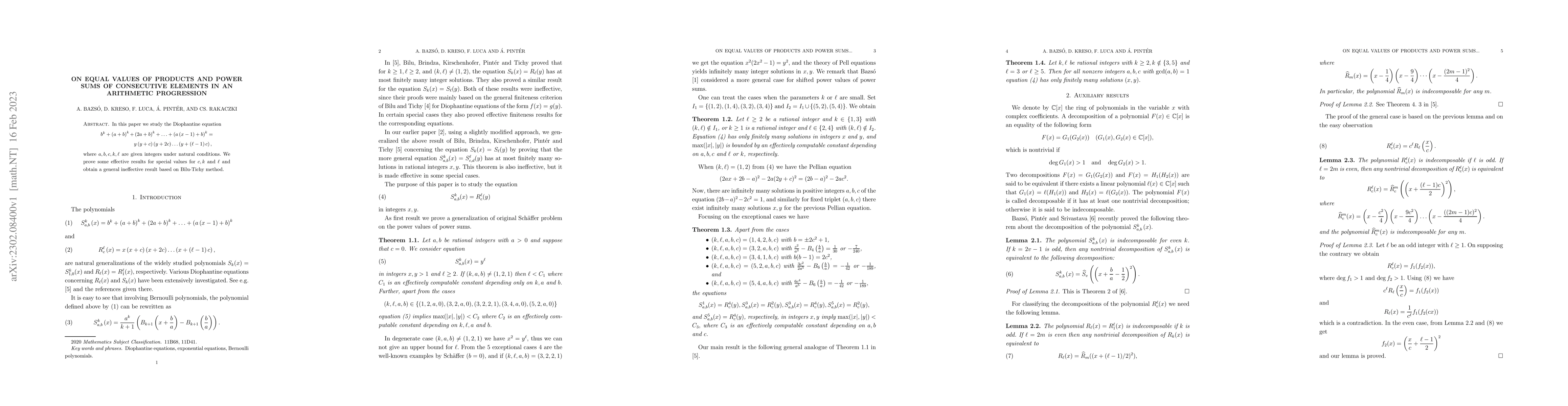 Thumbnail for On equal values of products and power sums of consecutive elements in an
  arithmetic progression