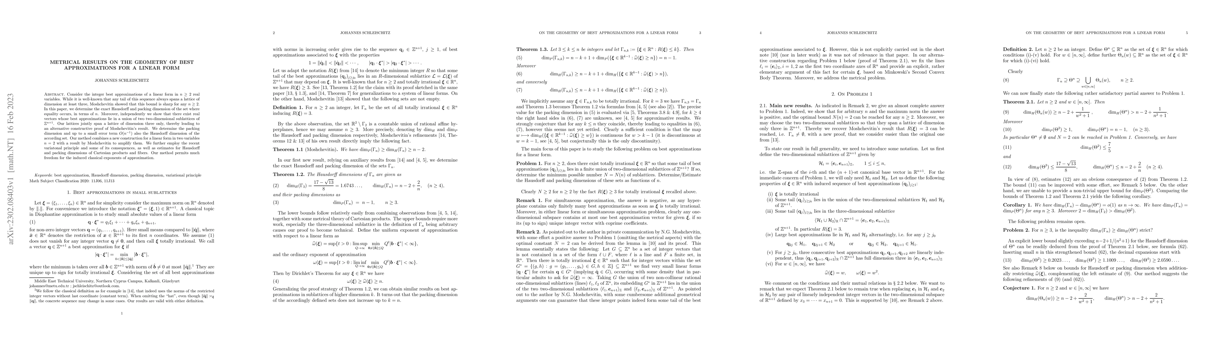 Thumbnail for Metrical results on the geometry of best approximations for a linear
  form