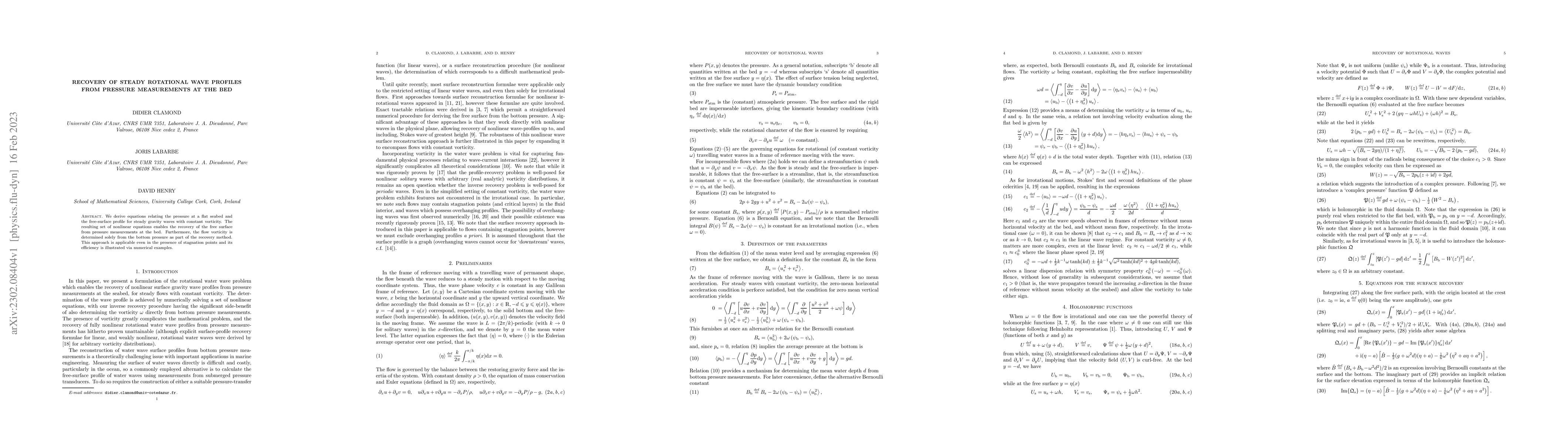 Thumbnail for Recovery of steady rotational wave profiles from pressure measurements
  at the bed