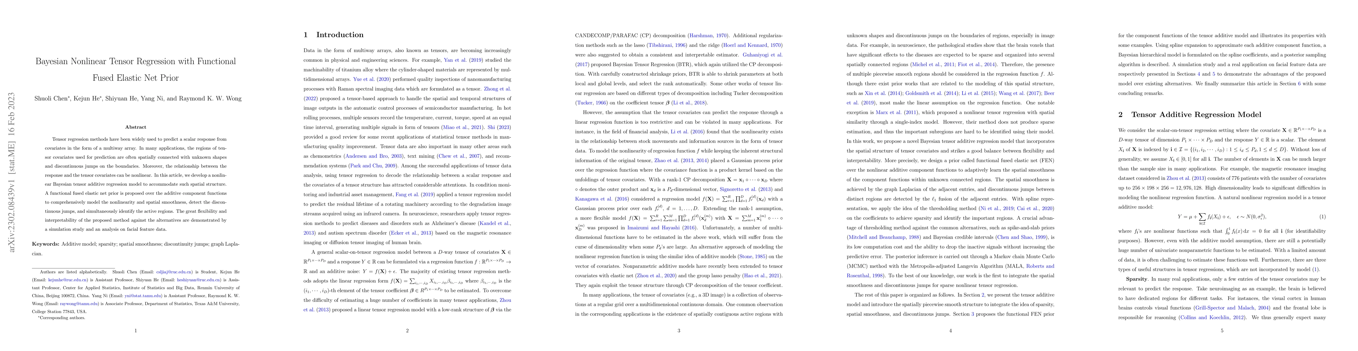 Thumbnail for Bayesian Nonlinear Tensor Regression with Functional Fused Elastic Net
  Prior