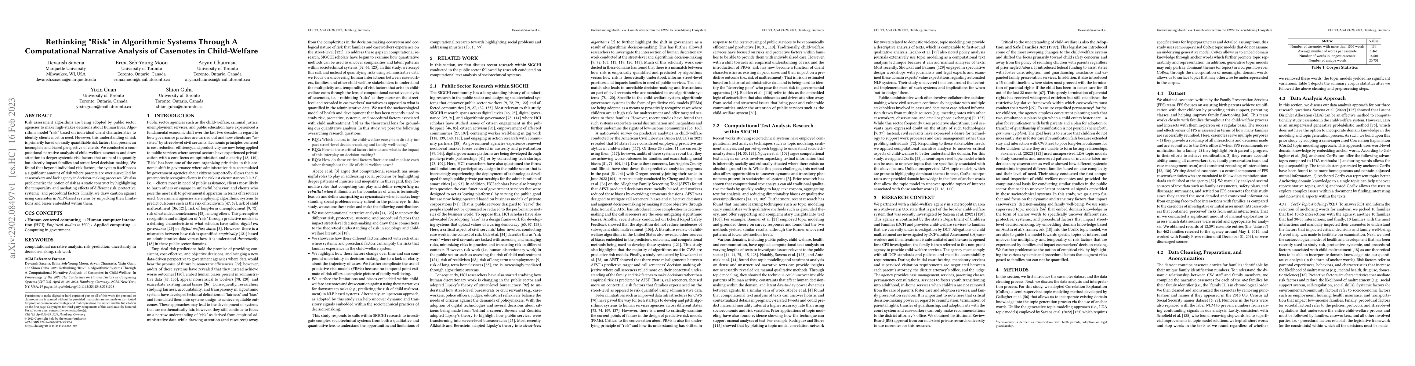 Thumbnail for Rethinking "Risk" in Algorithmic Systems Through A Computational
  Narrative Analysis of Casenotes in Child-Welfare