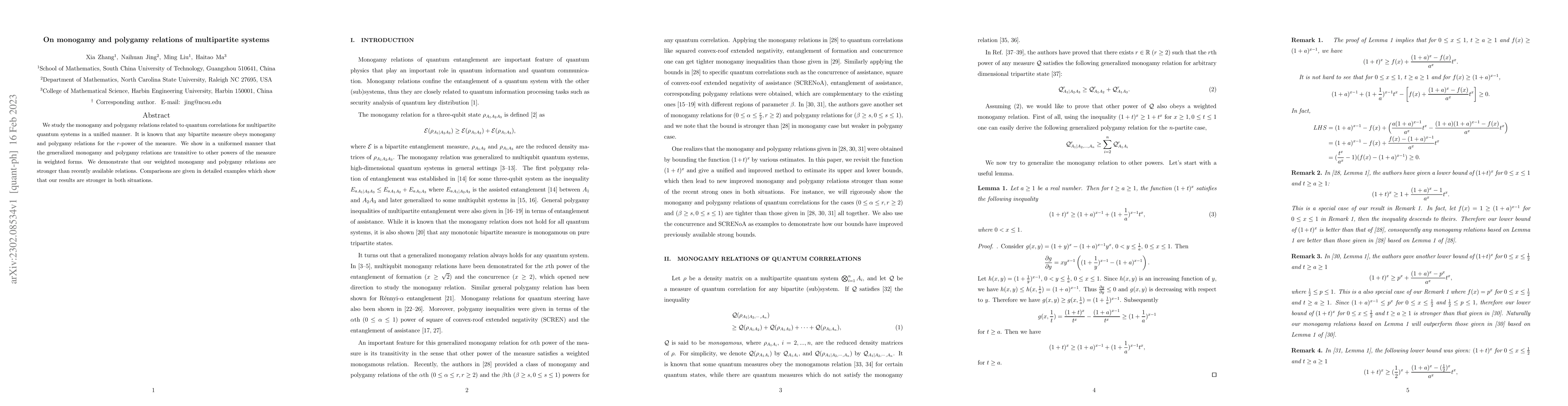 Thumbnail for On monogamy and polygamy relations of multipartite systems