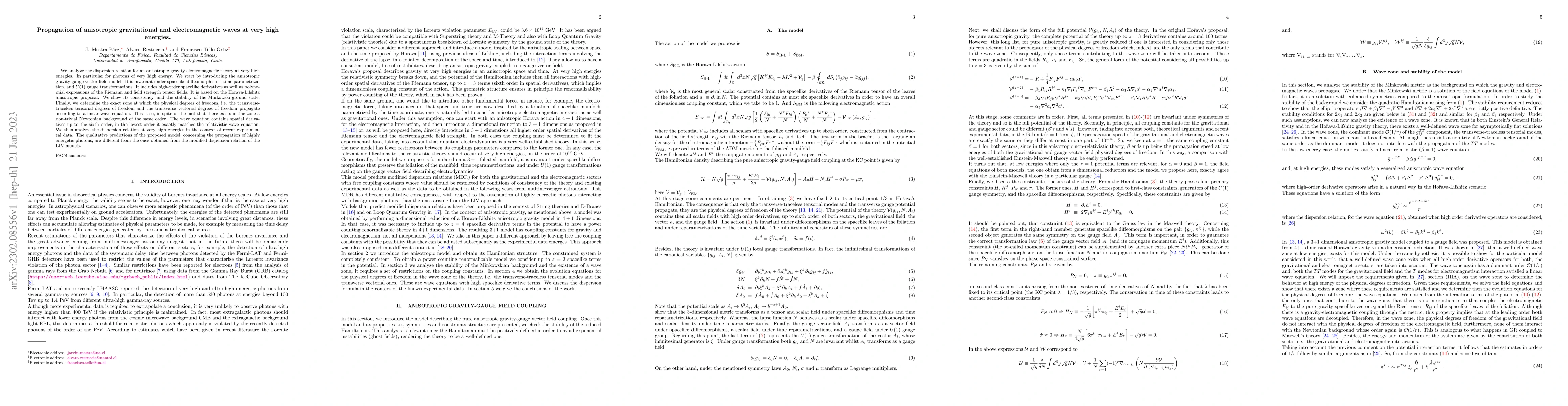 Thumbnail for Propagation of anisotropic gravitational and electromagnetic waves at
  very high energies
