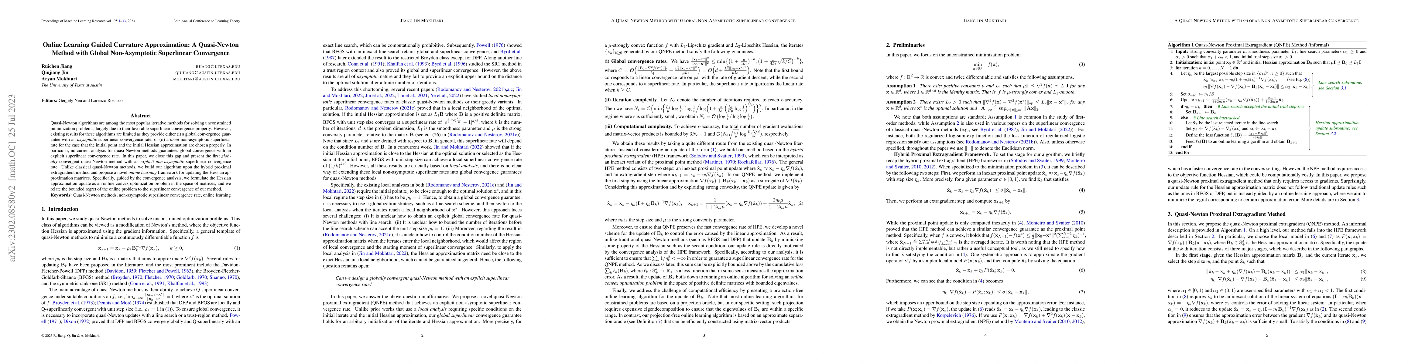 Thumbnail for Online Learning Guided Curvature Approximation: A Quasi-Newton Method
  with Global Non-Asymptotic Superlinear Convergence