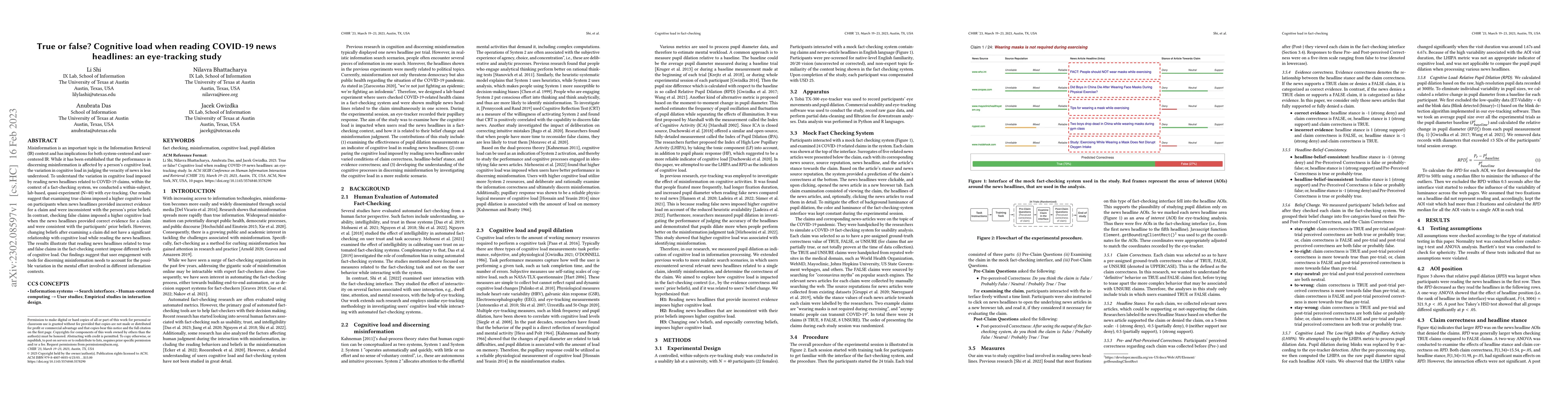 Thumbnail for True or false? Cognitive load when reading COVID-19 news headlines: an
  eye-tracking study