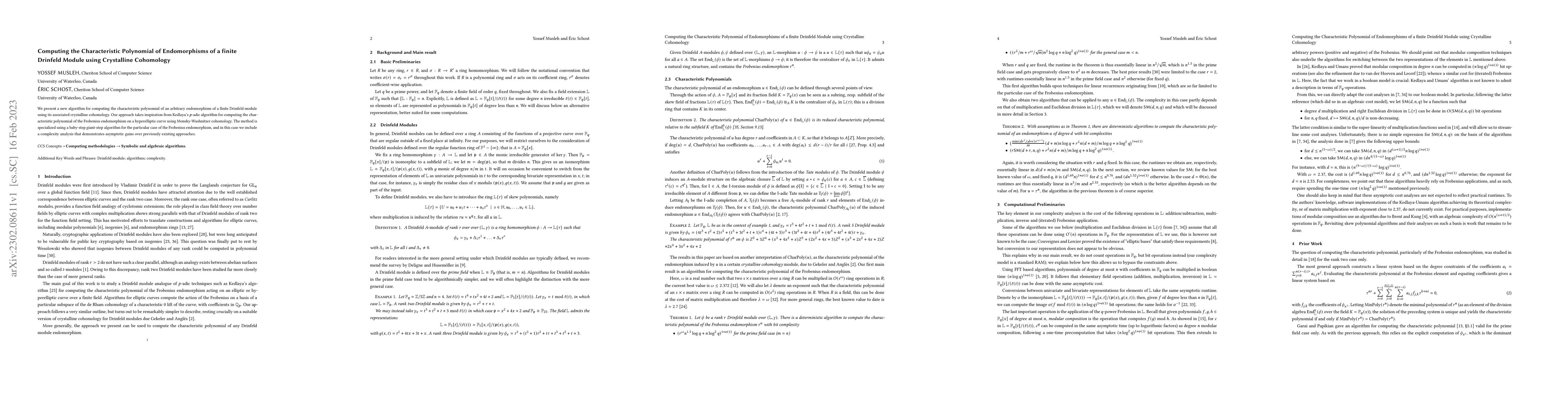 Thumbnail for Computing the Characteristic Polynomial of Endomorphisms of a finite
  Drinfeld Module using Crystalline Cohomology