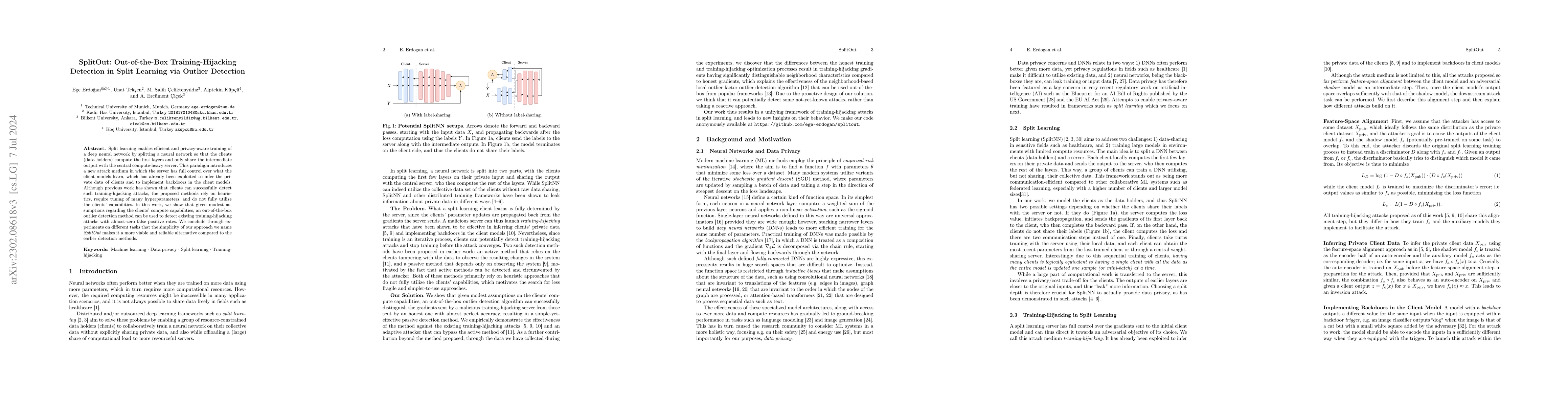 Thumbnail for SplitOut: Out-of-the-Box Training-Hijacking Detection in Split Learning
  via Outlier Detection