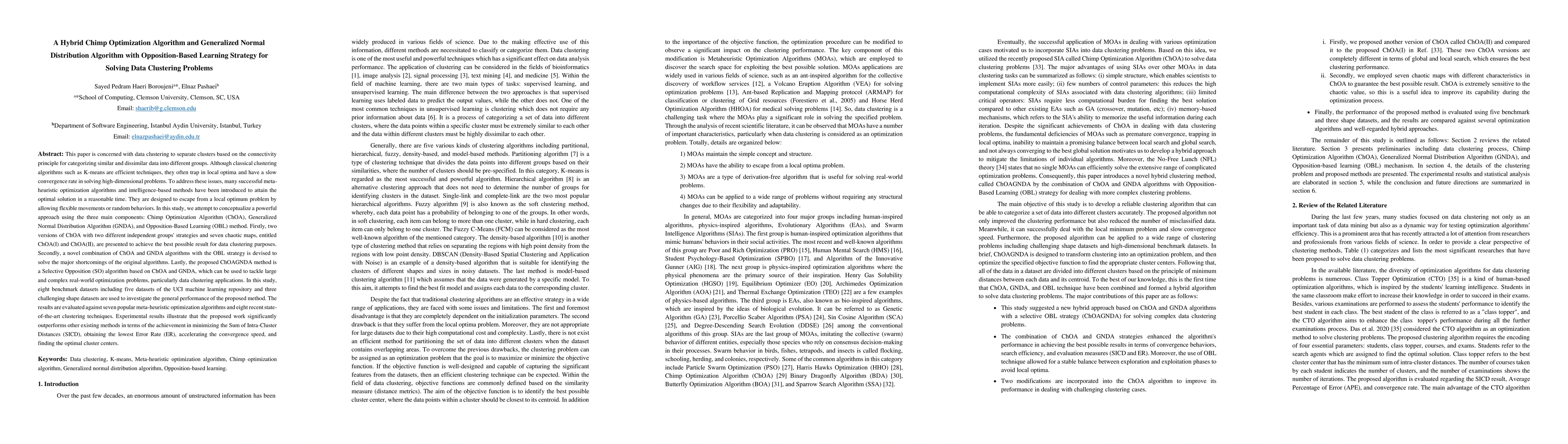 Thumbnail for A Hybrid Chimp Optimization Algorithm and Generalized Normal
  Distribution Algorithm with Opposition-Based Learning Strategy for Solving
  Data Clustering Problems