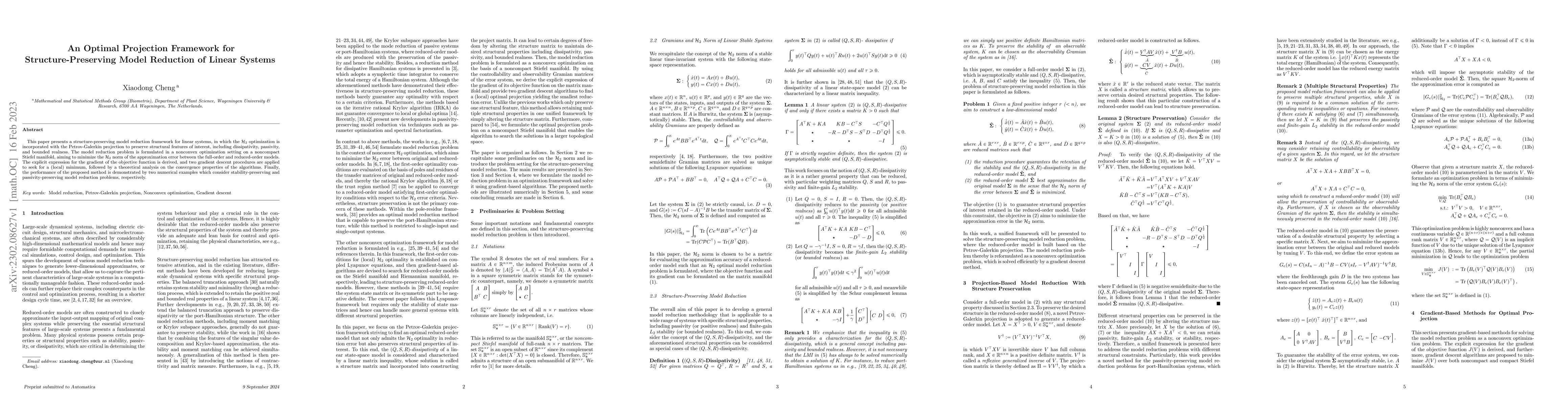 Thumbnail for An Optimal Projection Framework for Structure-Preserving Model Reduction
  of Linear Systems