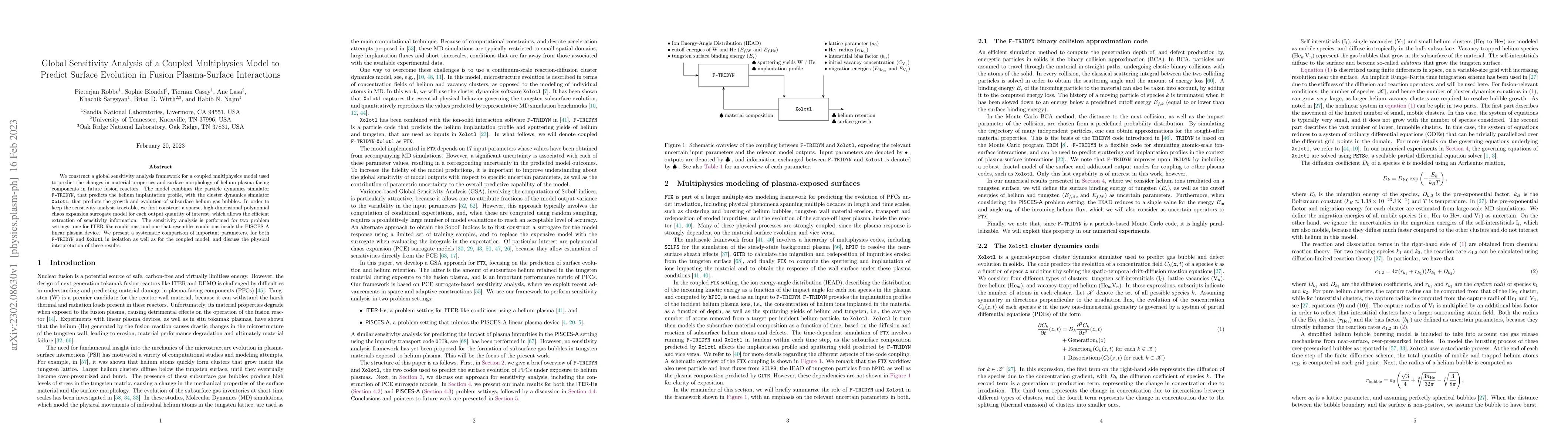 Thumbnail for Global Sensitivity Analysis of a coupled multiphysics model to predict
  surface evolution in fusion plasma-surface interactions
