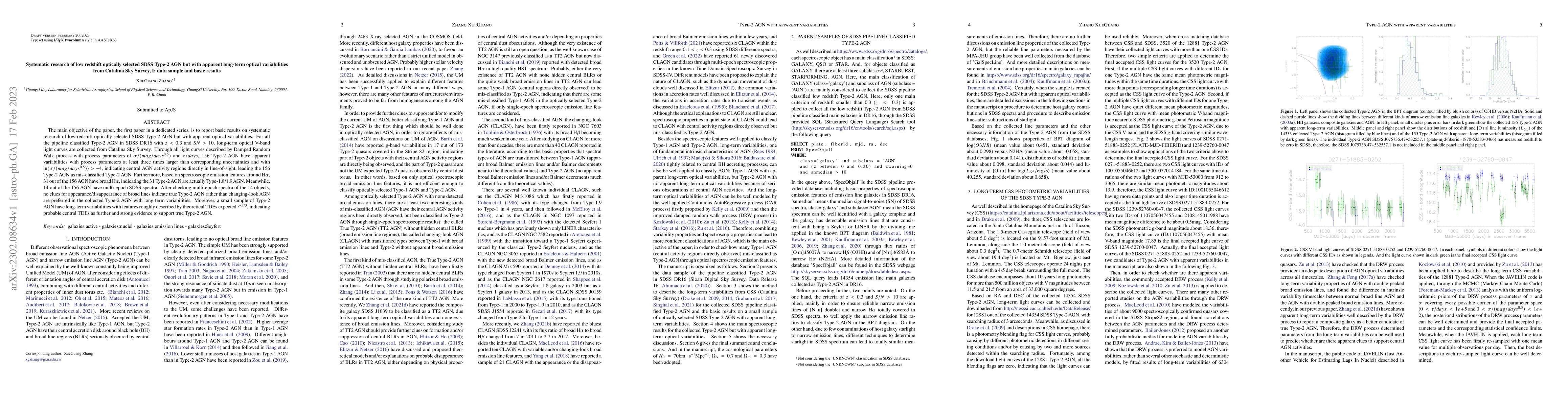 Thumbnail for Systematic research of low redshift optically selected SDSS Type-2 AGN
  but with apparent long-term optical variabilities from Catalina Sky Survey,
  I: data sample and basic results