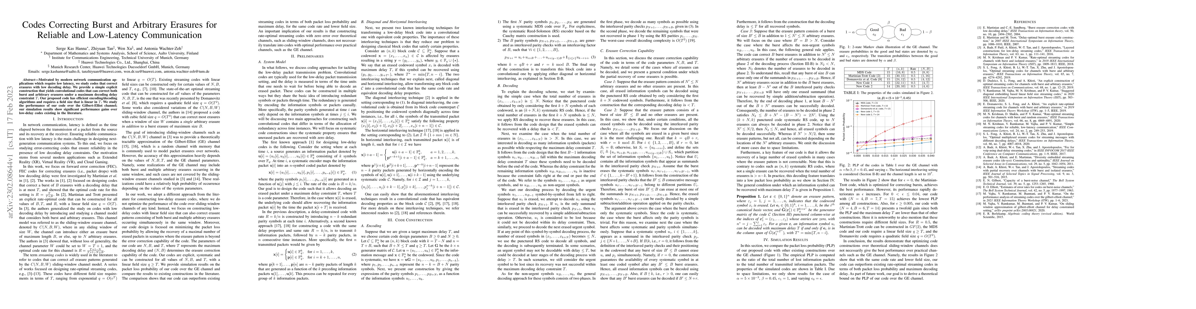 Thumbnail for Codes Correcting Burst and Arbitrary Erasures for Reliable and
  Low-Latency Communication