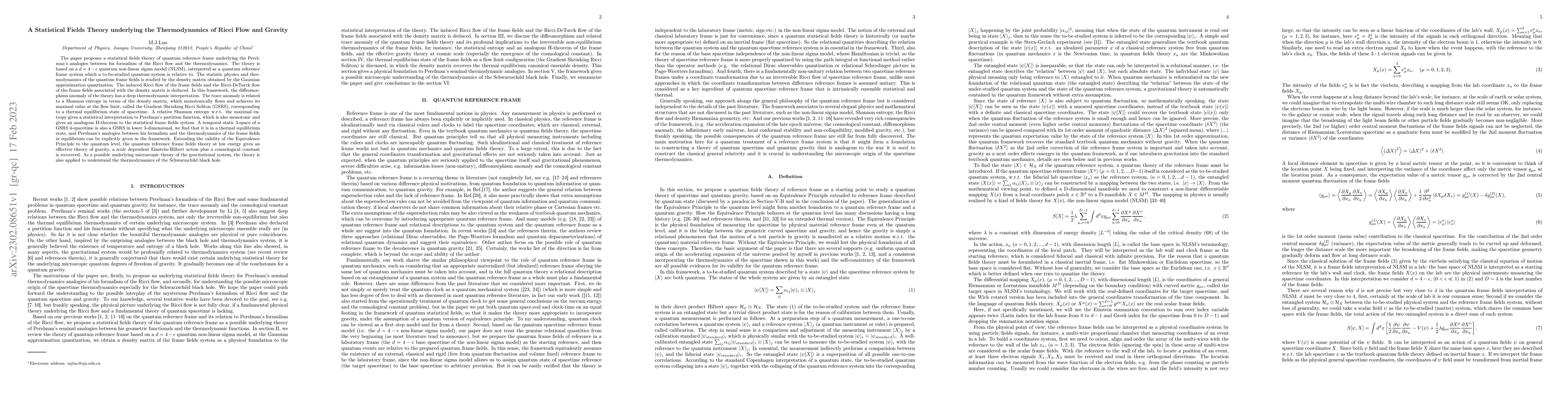 Thumbnail for A Statistical Fields Theory underlying the Thermodynamics of Ricci Flow
  and Gravity