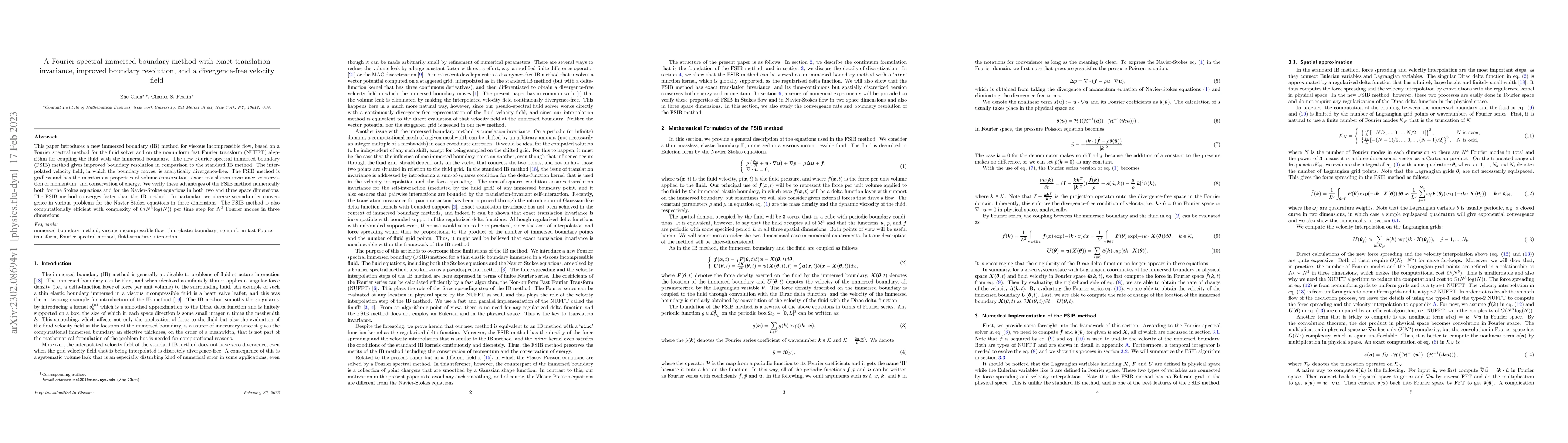Thumbnail for A Fourier spectral immersed boundary method with exact translation
  invariance, improved boundary resolution, and a divergence-free velocity
  field