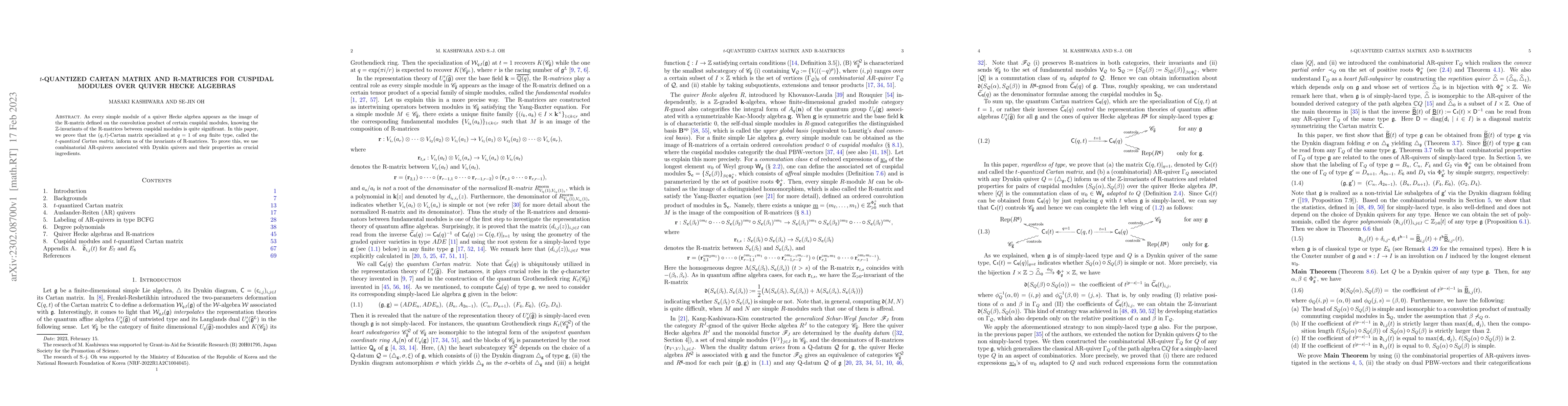Thumbnail for $t$-quantized Cartan matrix and R-matrices for cuspidal modules over
  quiver Hecke algebras