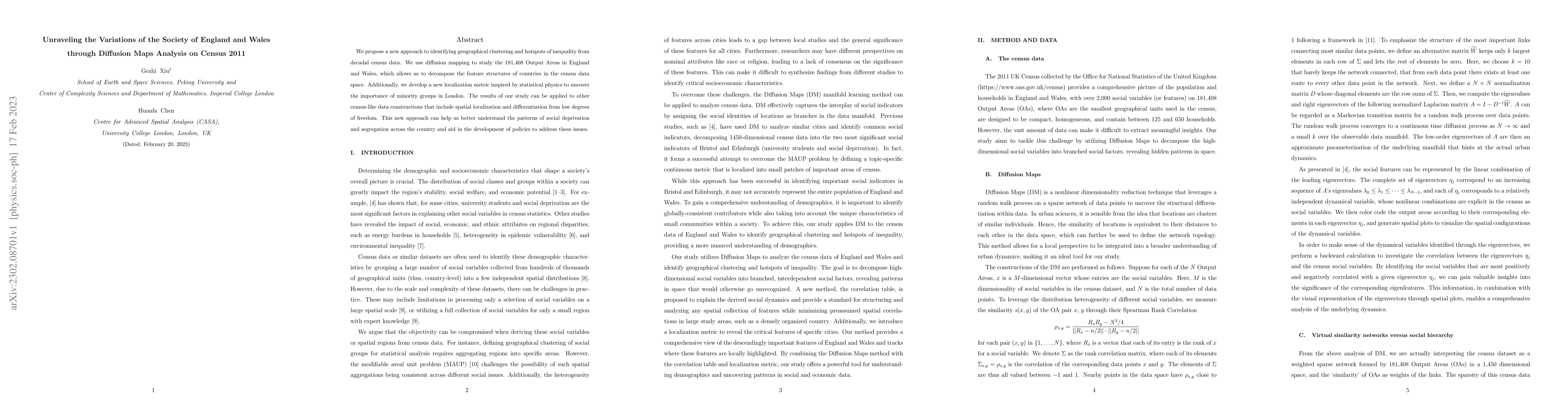 Thumbnail for Unraveling the Variations of the Society of England and Wales through
  Diffusion Maps Analysis on Census 2011