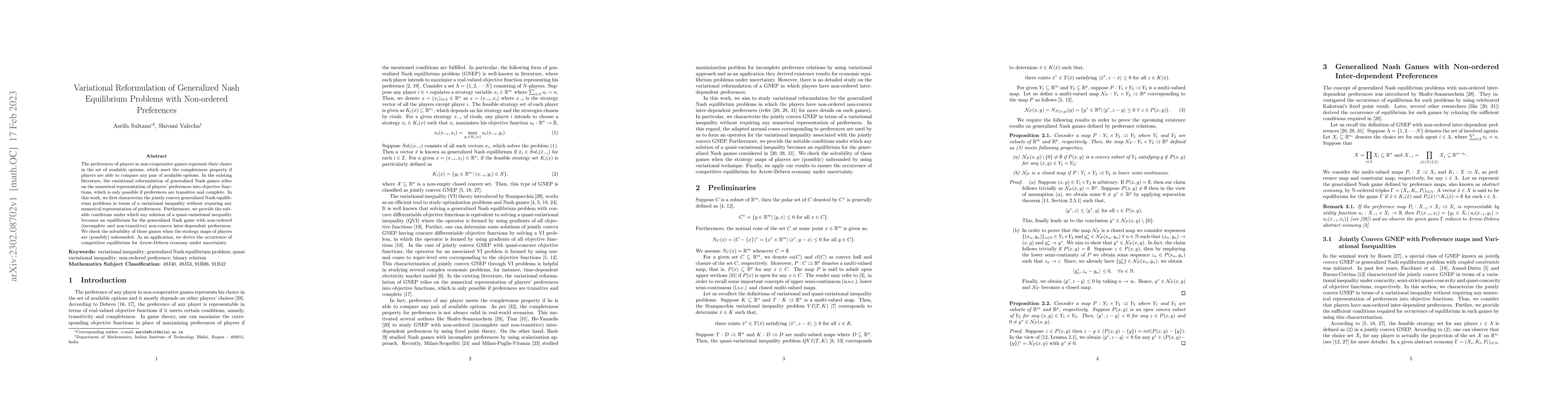 Thumbnail for Variational Reformulation of Generalized Nash Equilibrium Problems with
  Non-ordered Preferences