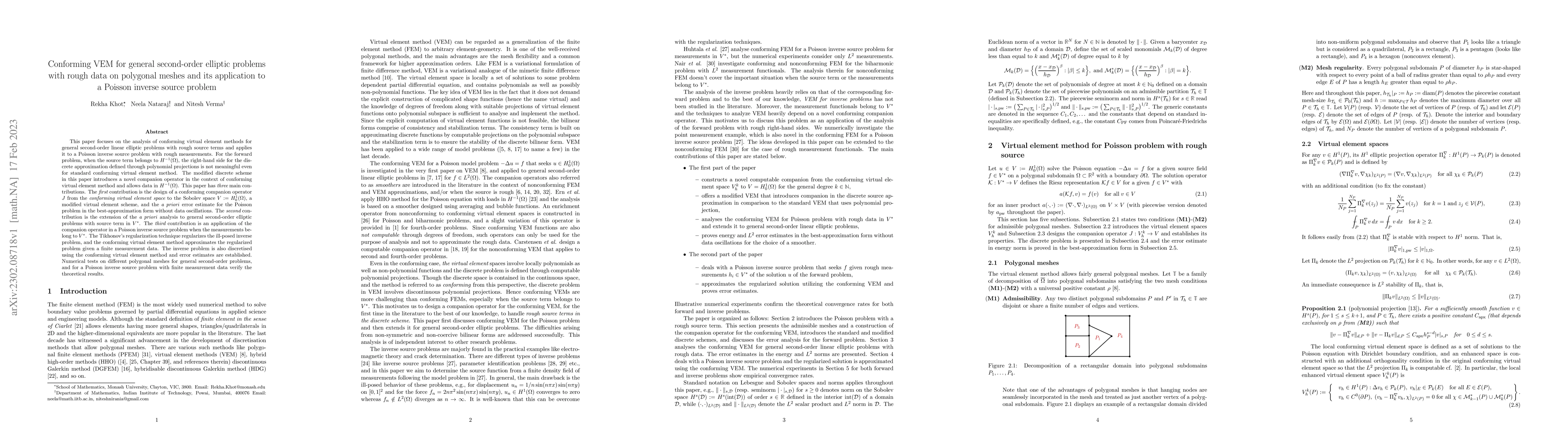 Thumbnail for Conforming VEM for general second-order elliptic problems with rough
  data on polygonal meshes and its application to a Poisson inverse source
  problem