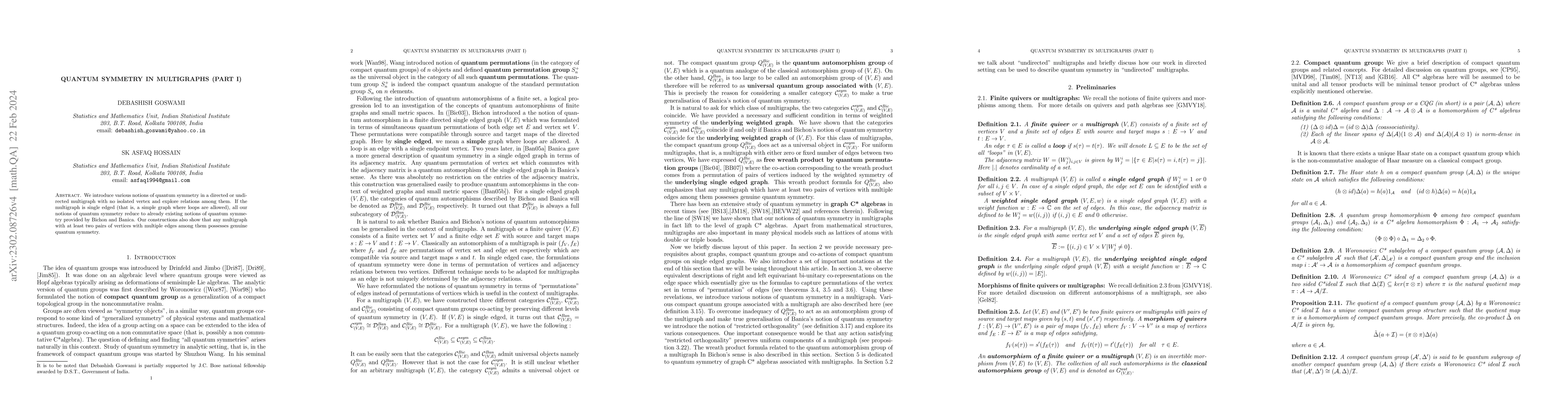Thumbnail for Quantum symmetry in multigraphs (part I)
