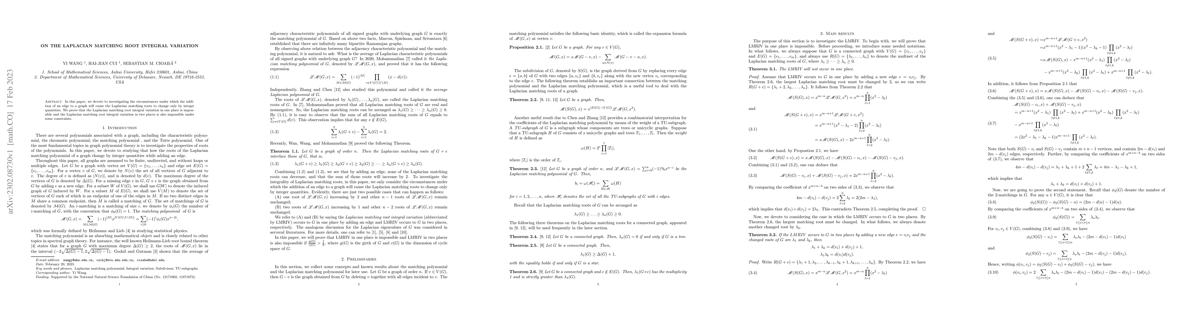 Thumbnail for On the Laplacian matching root integral variation