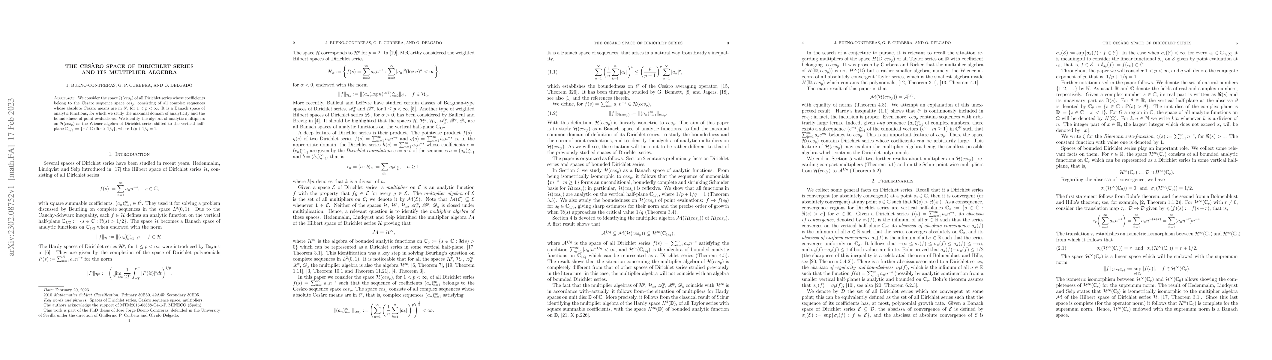 Thumbnail for The Ces\`{a}ro space of Dirichlet series and its multiplier algebra