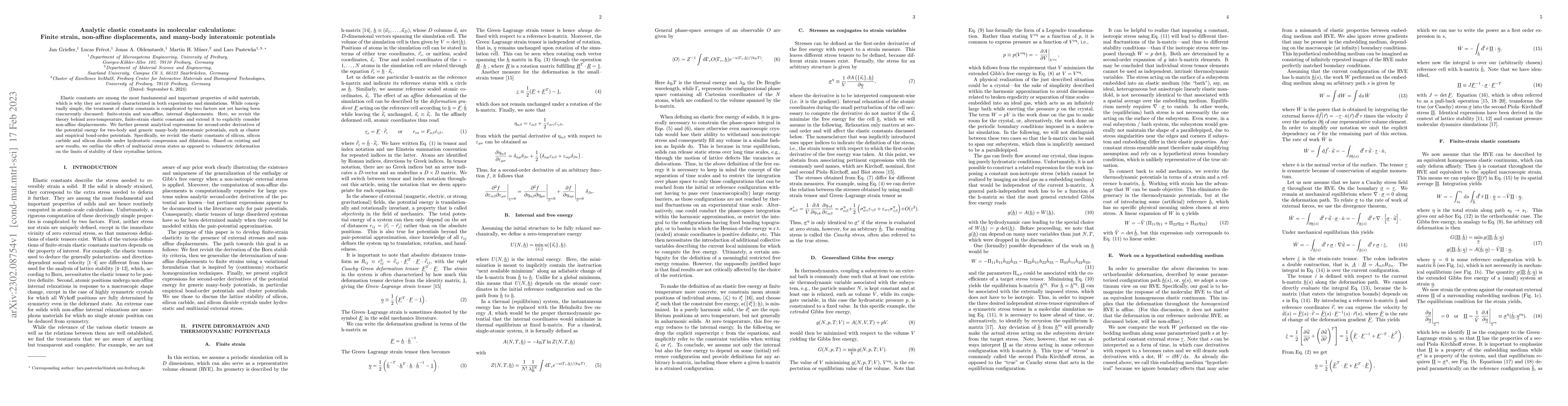 Thumbnail for Analytic elastic constants in molecular calculations: Finite strain,
  non-affine displacements, and many-body interatomic potentials