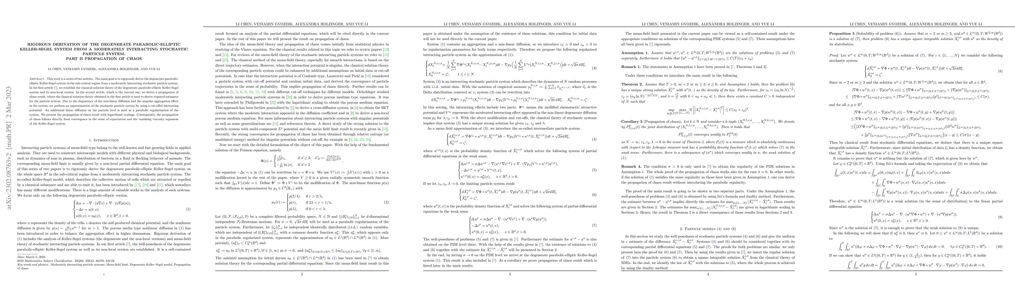 Thumbnail for Rigorous Derivation of the Degenerate Parabolic-Elliptic Keller-Segel
  System from a Moderately Interacting Stochastic Particle System. Part II
  Propagation of Chaos