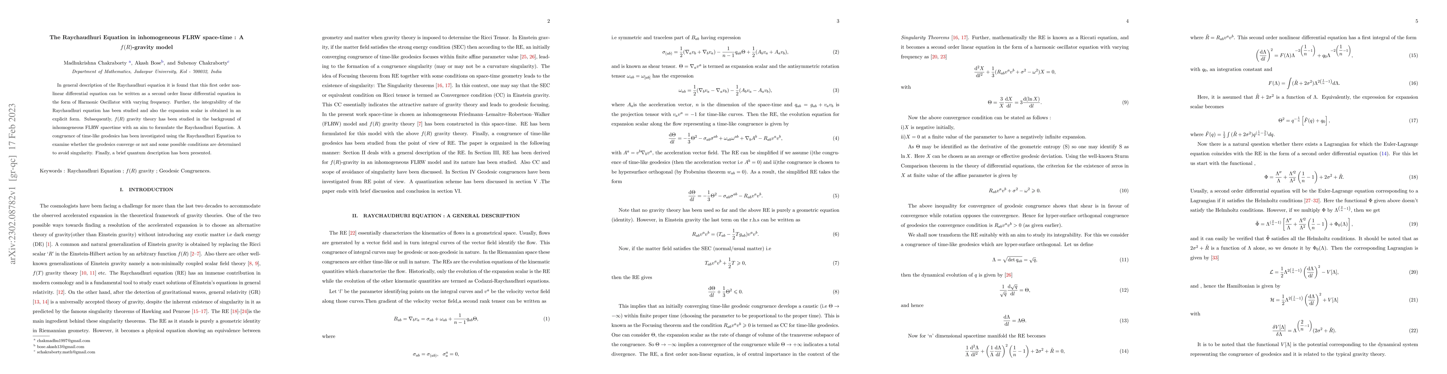 Thumbnail for The Raychaudhuri Equation in inhomogeneous FLRW space-time : A
  $f(R)$-gravity model