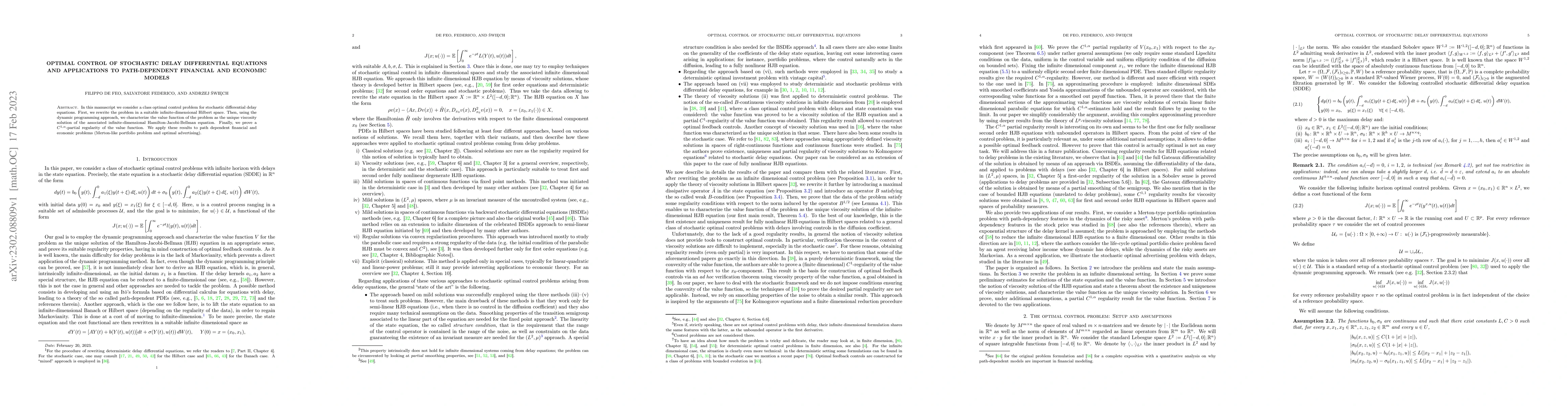 Thumbnail for Optimal control of stochastic delay differential equations and
  applications to path-dependent financial and economic models