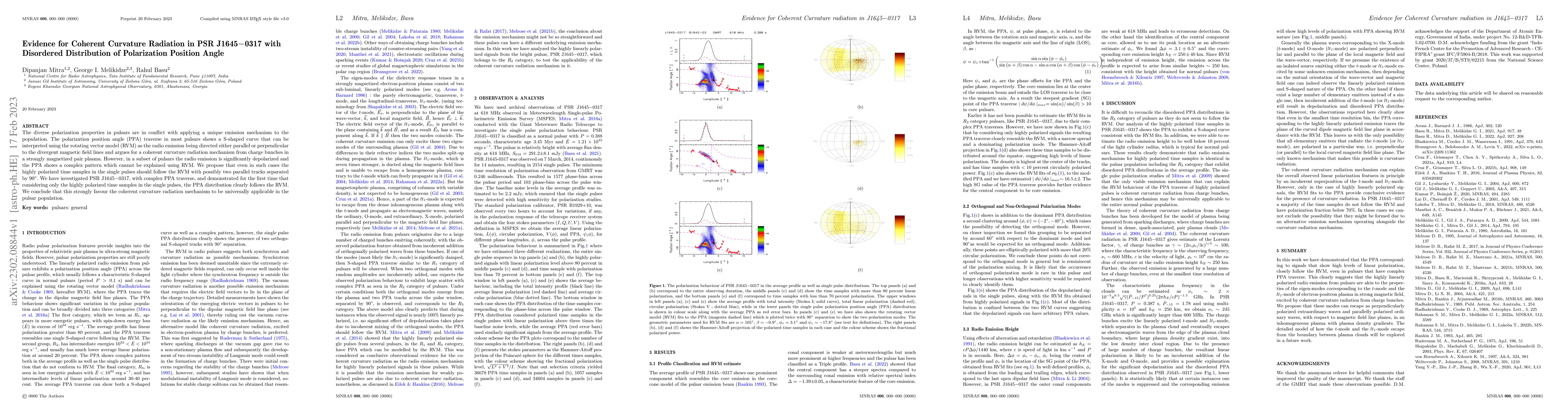 Thumbnail for Evidence for Coherent Curvature Radiation in PSR J1645$-$0317 with
  Disordered Distribution of Polarization Position Angle