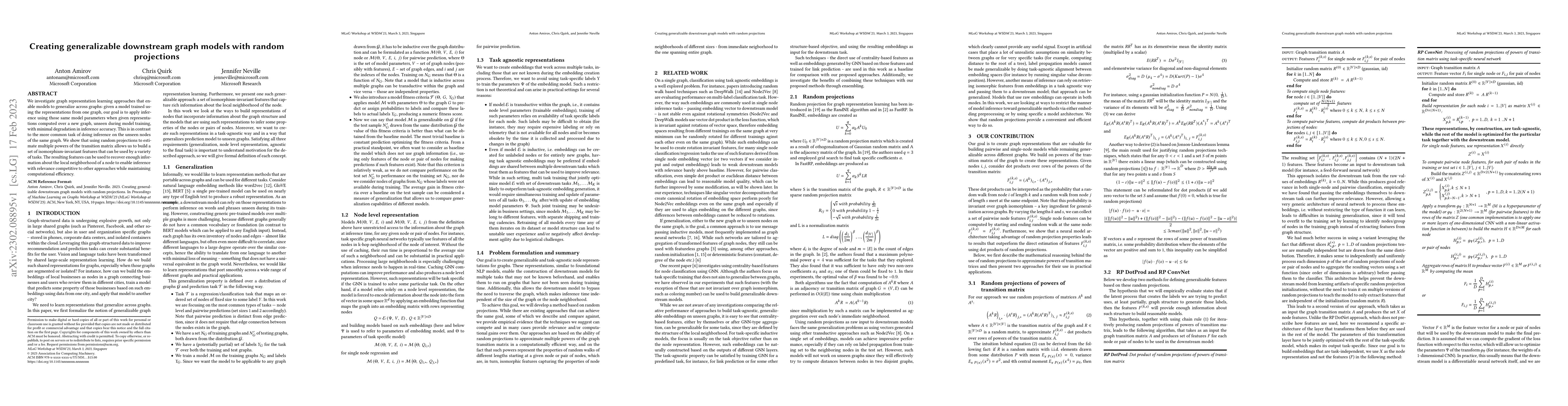 Thumbnail for Creating generalizable downstream graph models with random projections