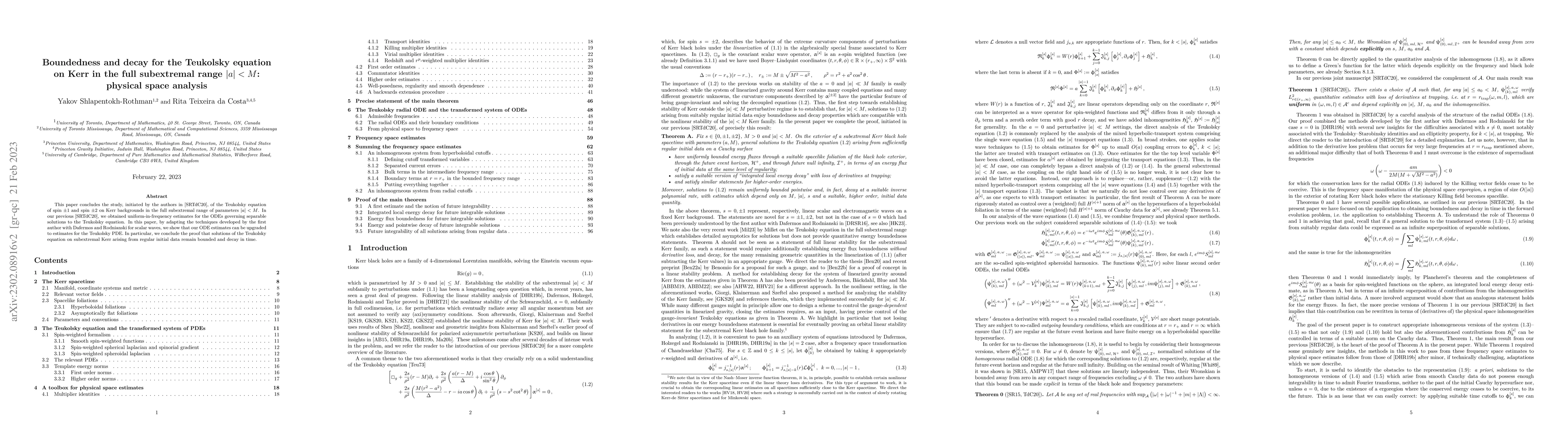 Thumbnail for Boundedness and decay for the Teukolsky equation on Kerr in the full
  subextremal range $|a|<M$: physical space analysis