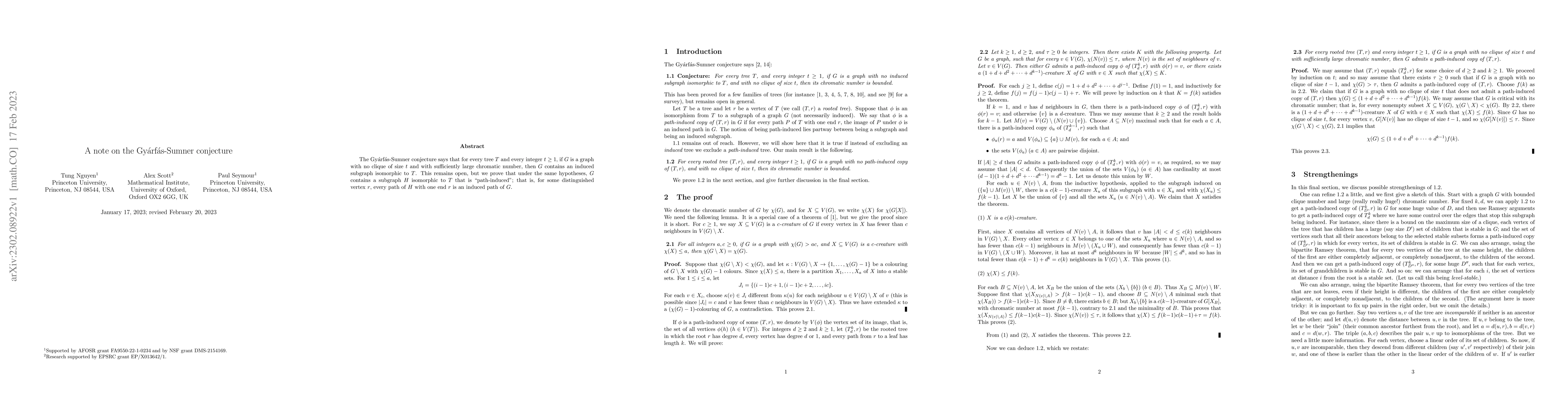 Thumbnail for A note on the Gy\'arf\'as-Sumner conjecture