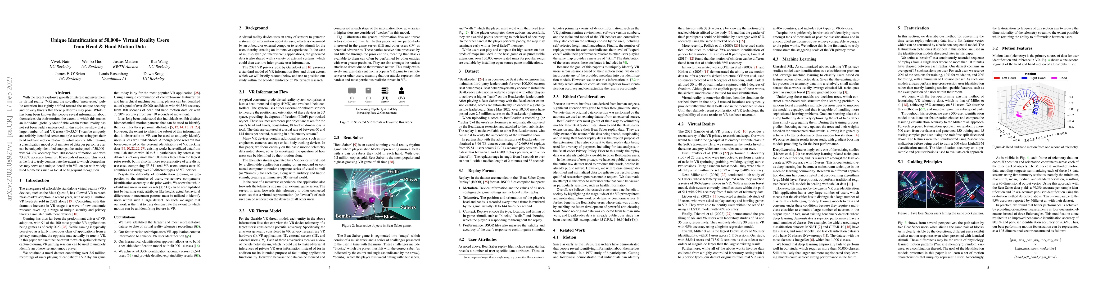 Thumbnail for Unique Identification of 50,000+ Virtual Reality Users from Head & Hand
  Motion Data