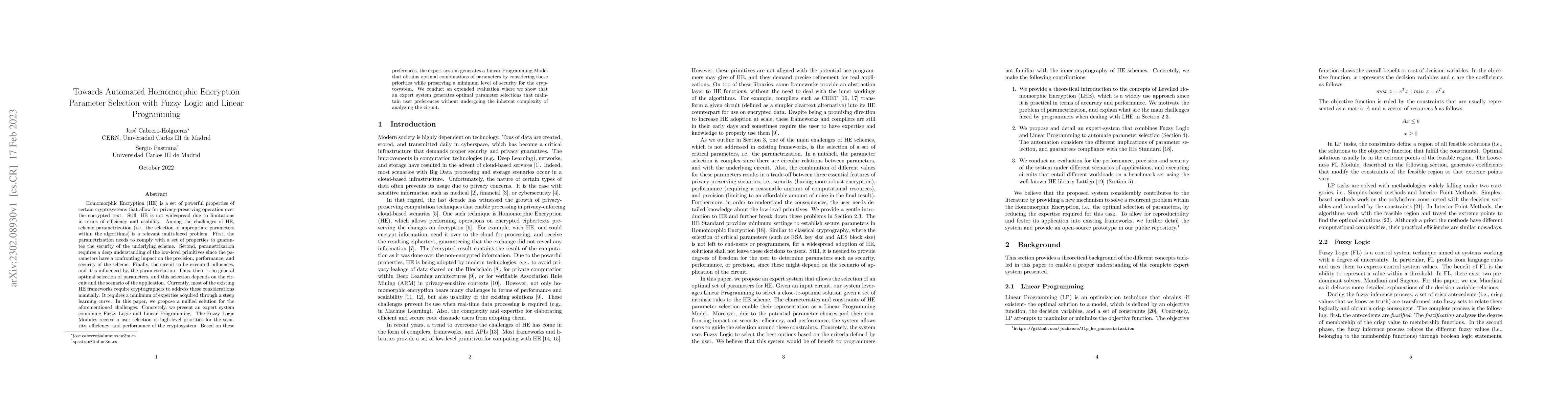 Thumbnail for Towards Automated Homomorphic Encryption Parameter Selection with Fuzzy
  Logic and Linear Programming