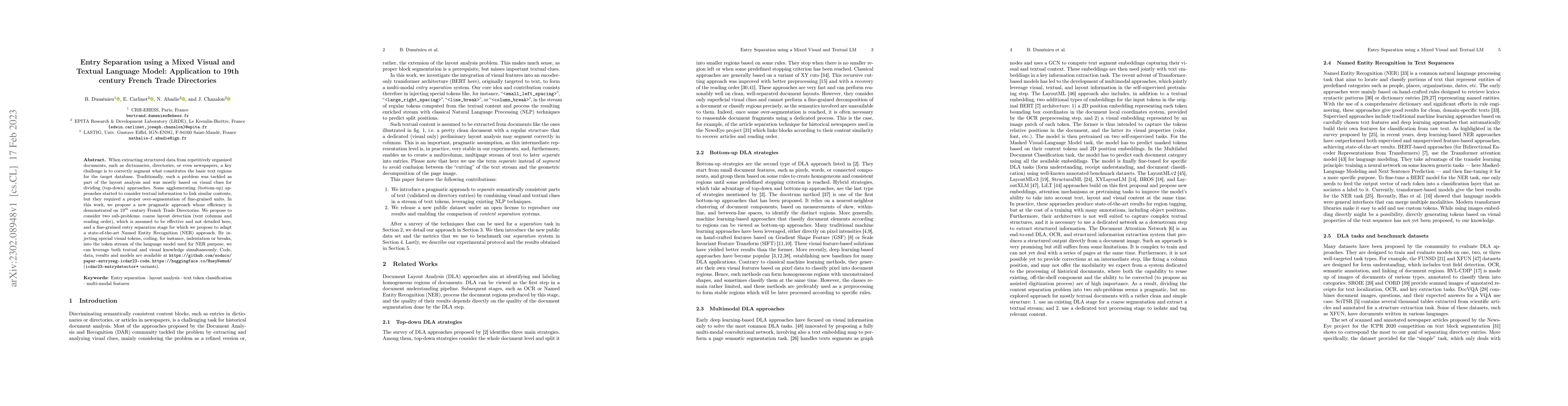 Thumbnail for Entry Separation using a Mixed Visual and Textual Language Model:
  Application to 19th century French Trade Directories